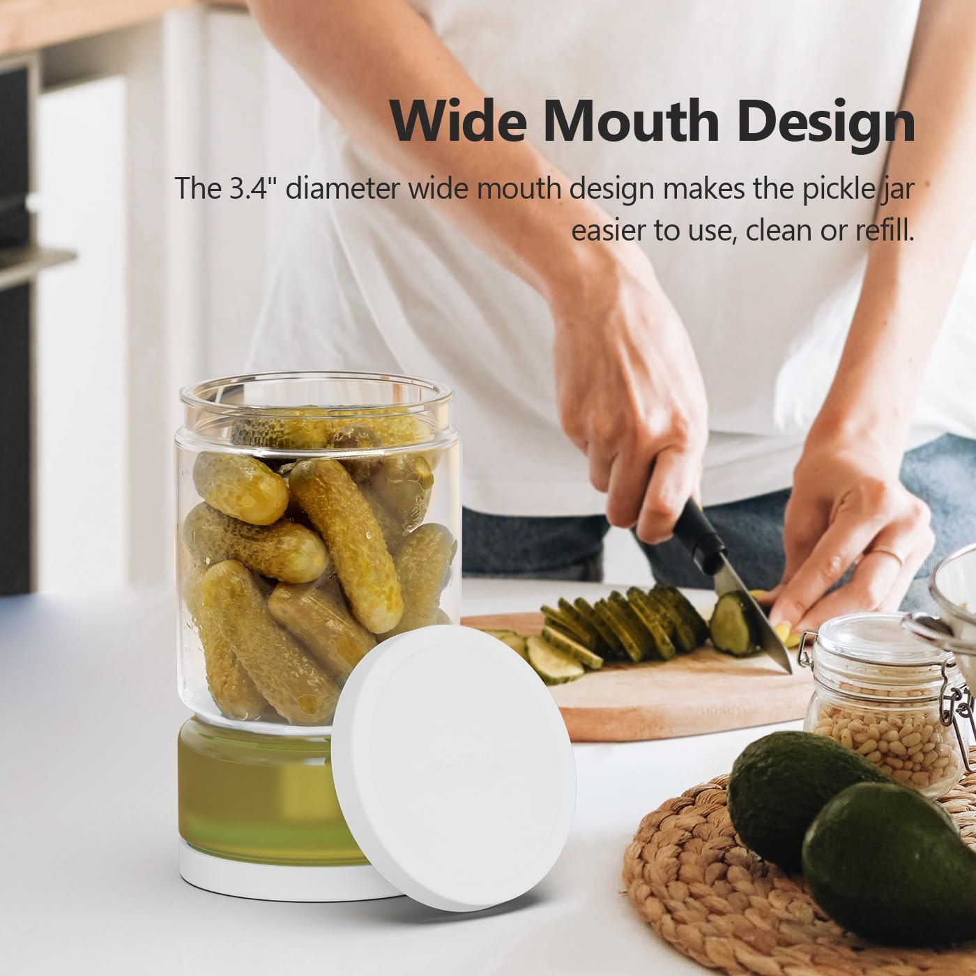 Glass Pickle Jar with Strainer for Pickle Lover - 45 Oz Leakproof and Airtight Juice Separator for Olive, Gherkin, Chilli, BPA Free, Dishwasher and Refrigerator Safe (White&Green, 45oz*2pcs)