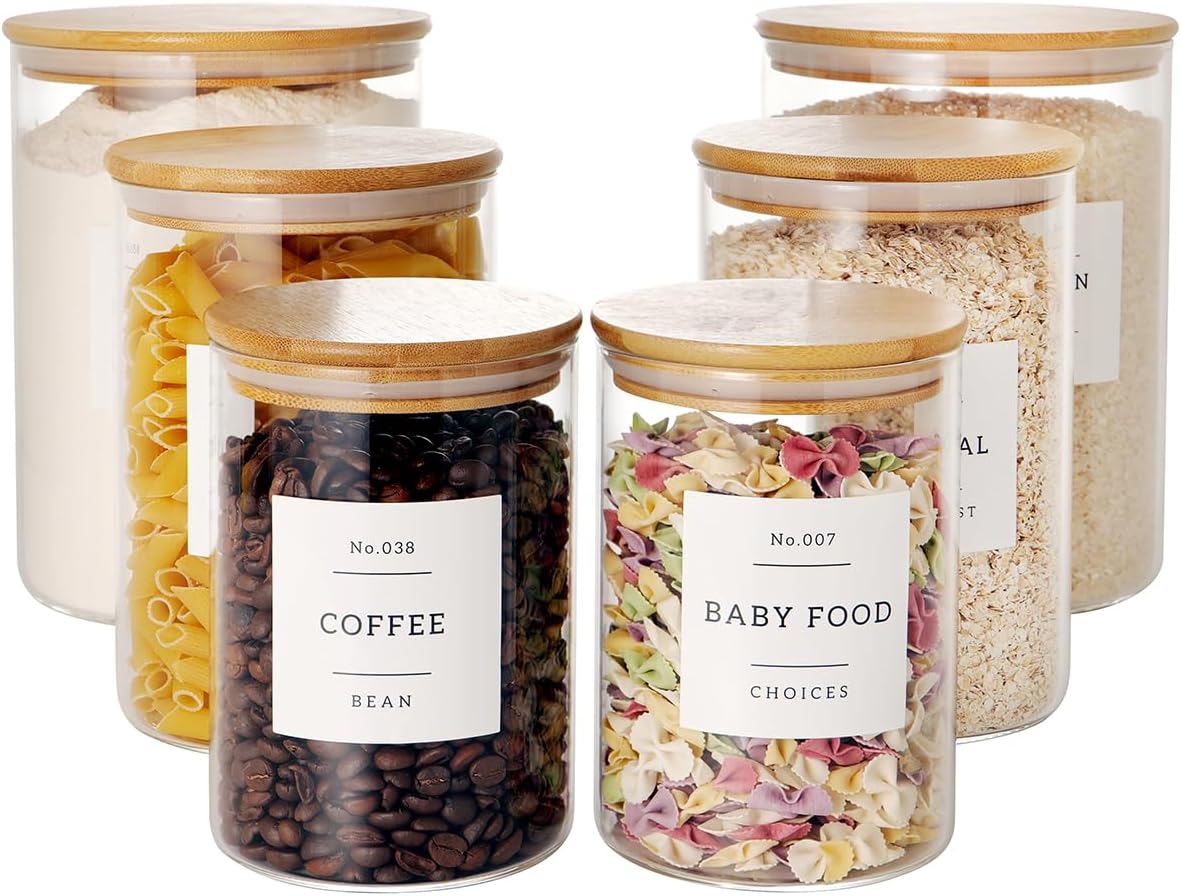 Set of 6 Glass Flour and Sugar jars with 132 Kitchen Pantry Labels - Thicken Large Glass Storage containers with Airtight Bamboo Lid - Glass Rice Canisters for Salt Coffee(100OZ/54OZ/27OZ)
