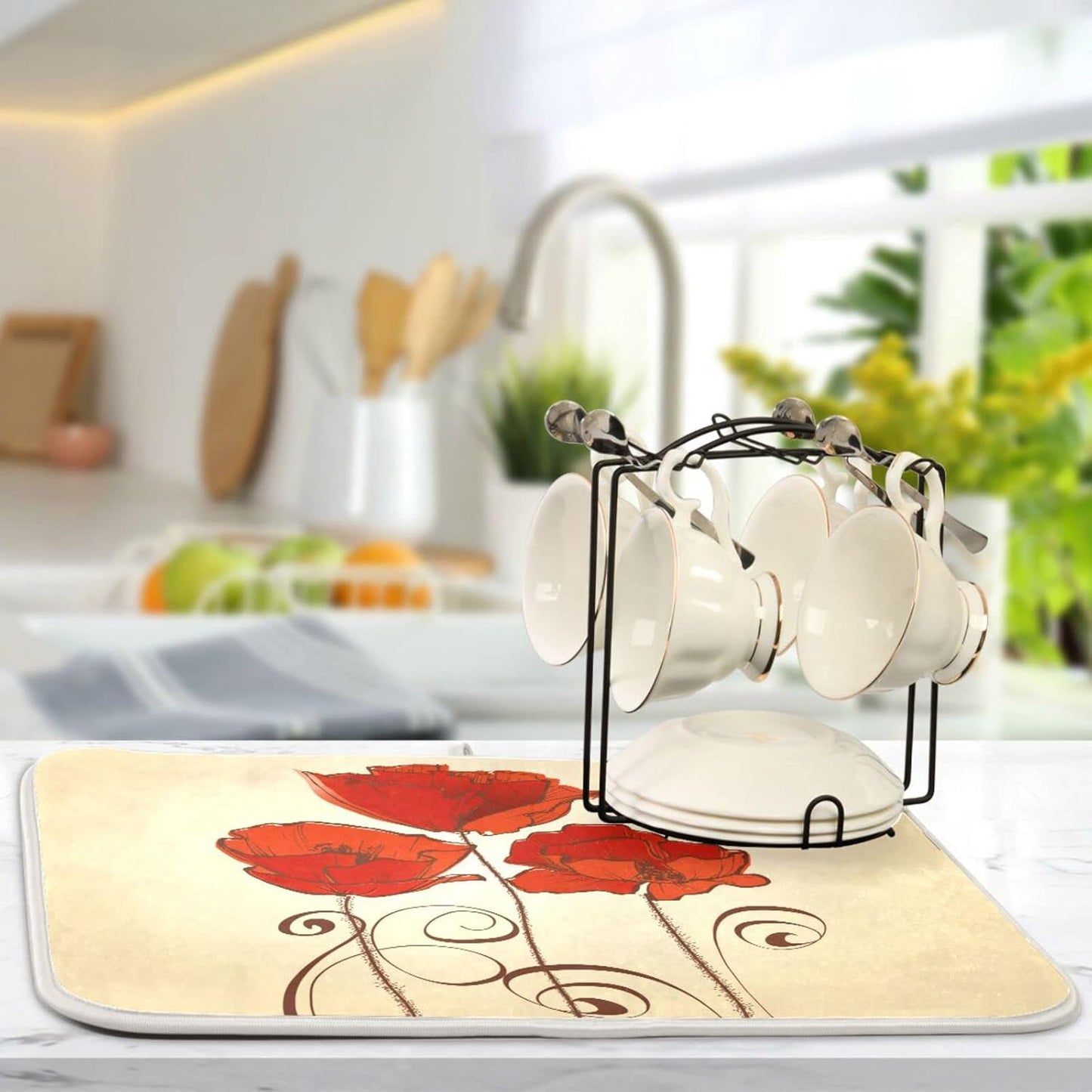 senya Super Absorbent Dish Drying Mat, Microfiber Fast-Drying 24''x18'', Kitchen Pad, Red Poppy Flowers Retro,(g289343168p523c558s1114)