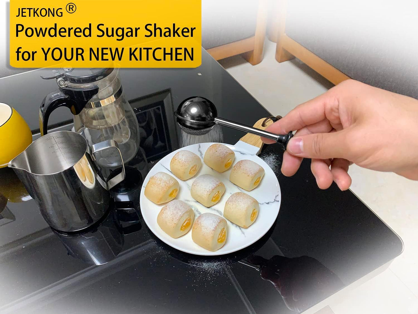 JETKONG Baker's Dusting Wand for Sugar, Flour and Spices, Stainless Steel Powdered Sugar Shaker Duster Sifter, Set of 2 (Black)