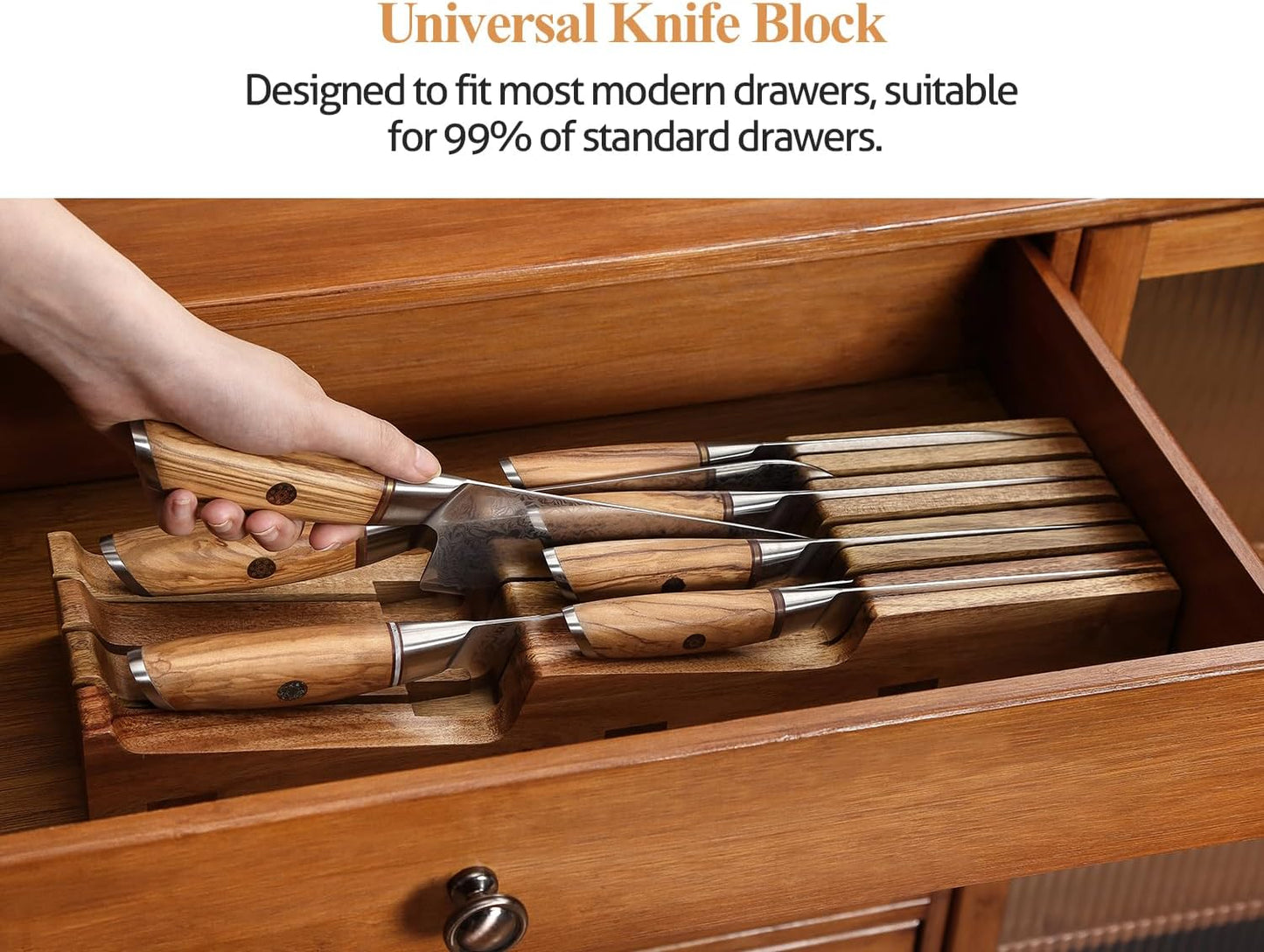 XINZUO In-drawer Knife Block, Natural Acacia Knife Drawer Oganizer, Insert-Kitchen Storage Holder, 7 Slots, Holds up to 7 Various Size Knives, Countertop Saving&Knife Protective