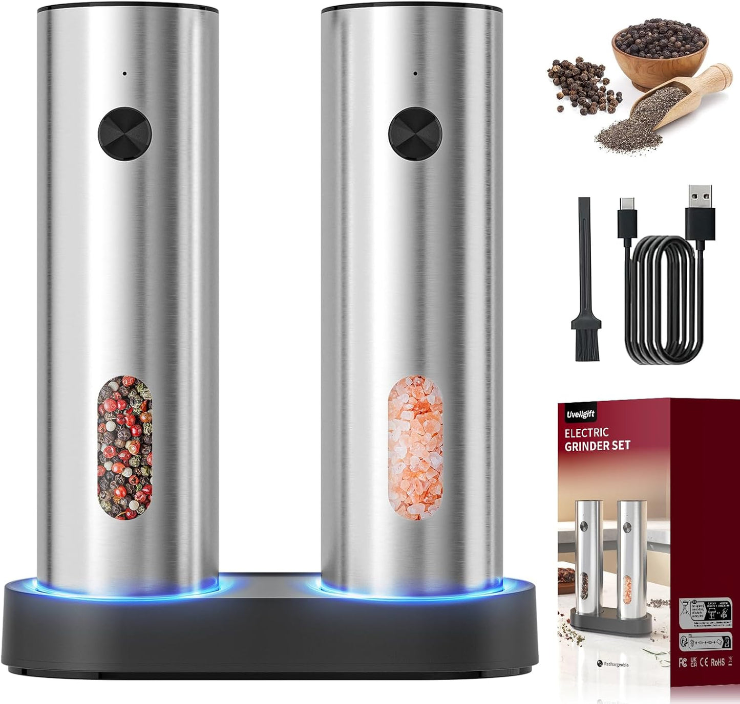 Electric Salt and Pepper Grinder Set: Automatic Rechargeable Salt and Pepper Shakers with USB Charging Base, Adjustable Coarseness, 110ml Large Capacity, Stainless Steel Pepper Grinder for Kitchen