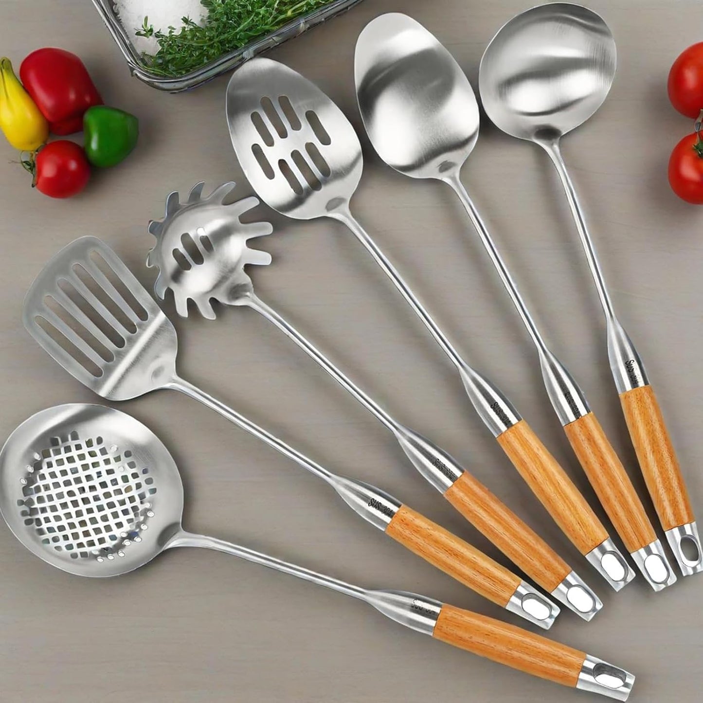 18/8 Stainless Steel Kitchen Utensils Set with Wood Handle, 6 Pcs 15 inch Cooking Utensils Tools, Turner, Ladle, Spoons & Pasta Server