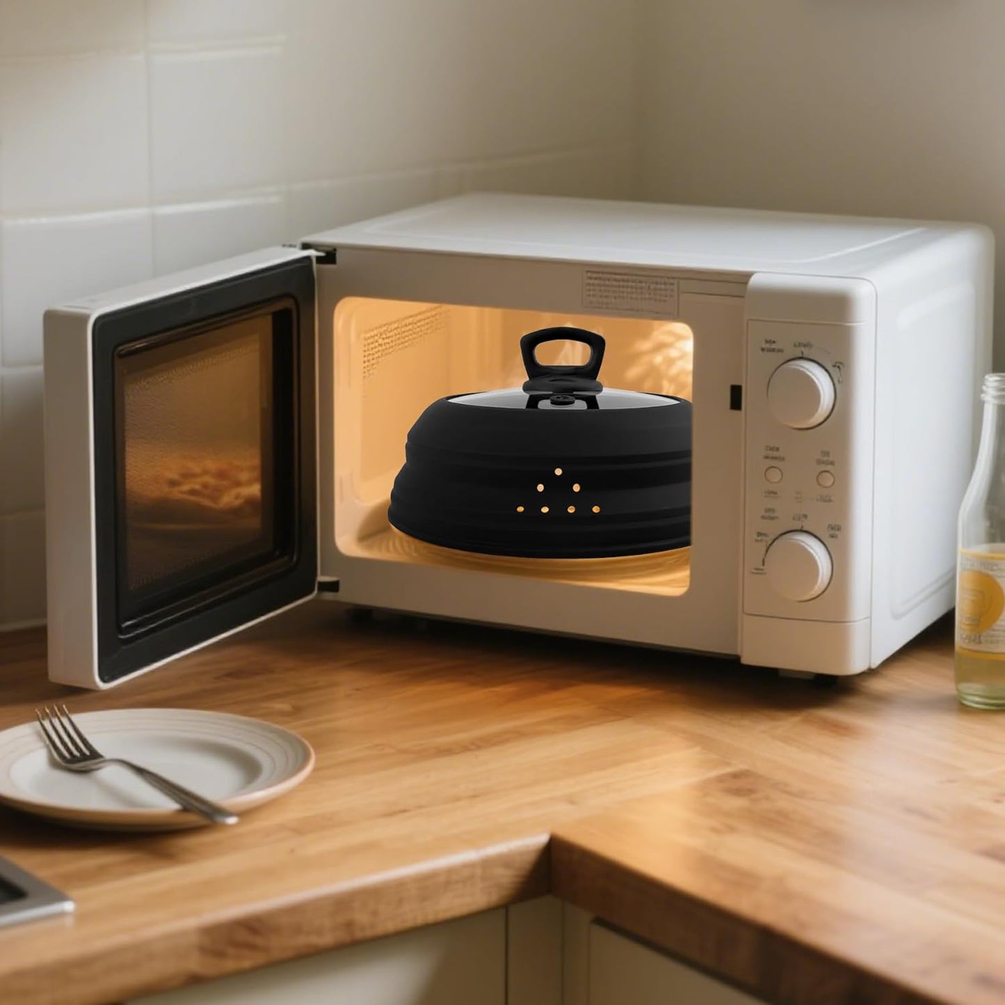 Microwave Splatter Cover Collapsible Silicone & Tempered Glass 10.8 Inch Microwave Cover for Food Splatter Guard with Steam Vents Dishwasher Safe Fits Bowls, Plates & Pots (Black)