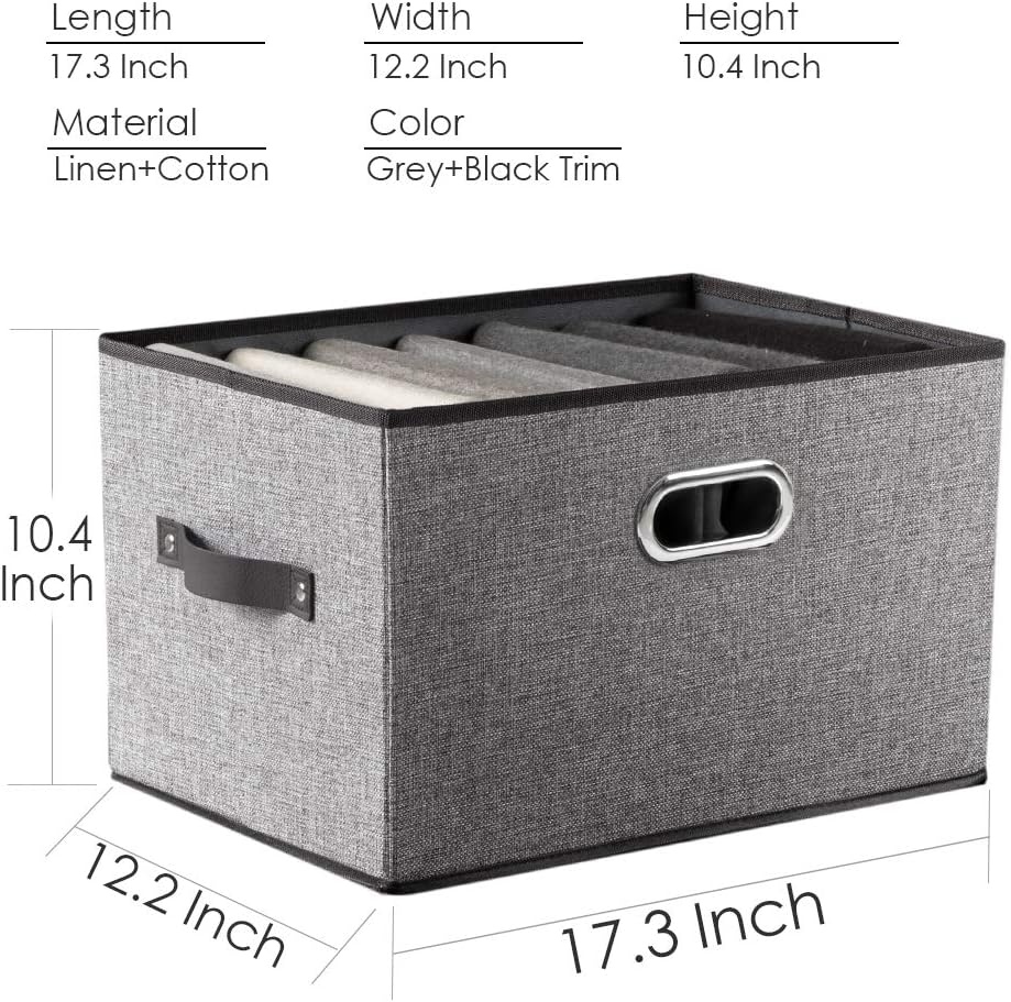 PRANDOM Larger Collapsible Storage Bins for Closet [5-Pack] Decorative Linen Fabric Storage Baskets Cubes with Leather/Metal Handles for Living Room Grey (17.3x12.2x10.4 Inch)