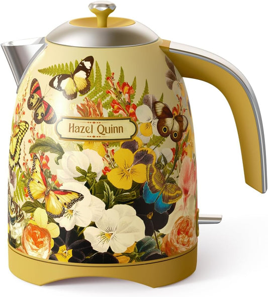 Hazel Quinn X Eduardo Recife Collaboration Electric Kettle - 1.7 Liters (57oz) Stainless Steel Water Kettle, BPA-Free Interior, 1200W Fast Boiling, Cordless, Automatic Shut Off - Floral Printed
