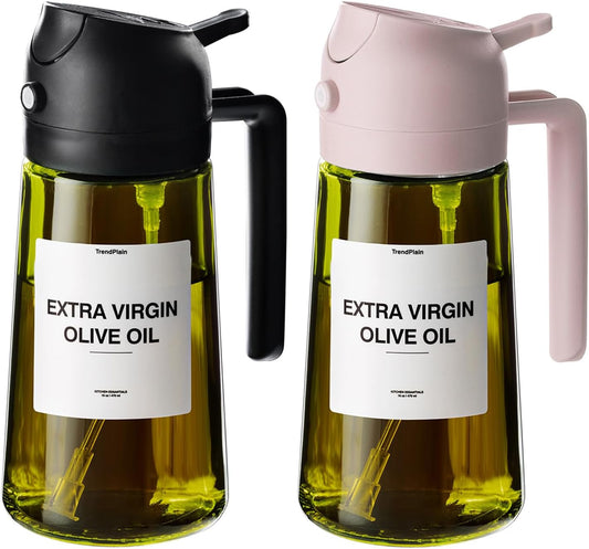 TrendPlain - Original 16oz/470ml Olive Oil Dispenser Bottle for Kitchen Gadgets and Air Fryer Accessories - Olive Oil Sprayer for Cooking w/Stickers - Black&Peach