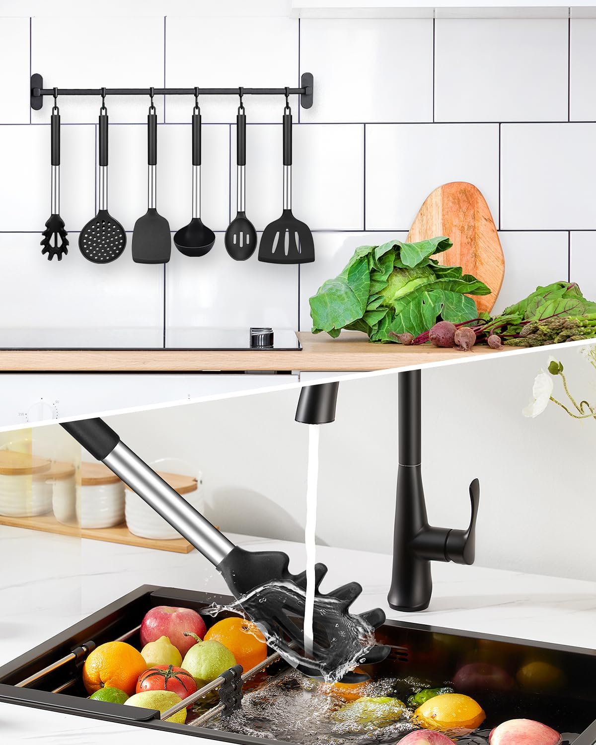 Silicone Cooking Utensil Set, 8Pcs Non-stick Cookware with Stainless Steel Handle, BPA Free Heat Resistant Kitchen Tools with Spatulas, Turners, Spoons, Skimmer and Pasta Fork