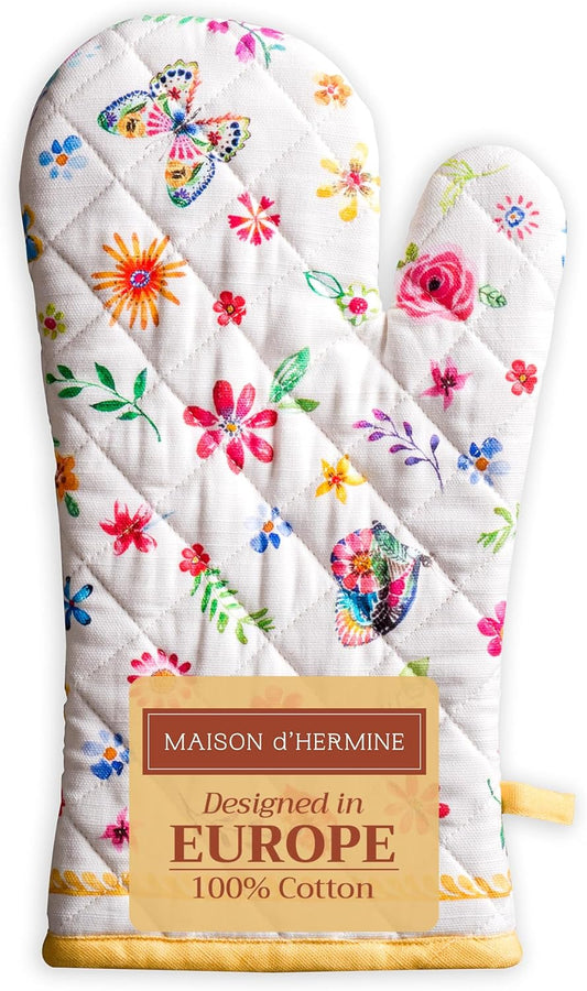 Maison d' Hermine Oven Gloves 100% Cotton Oven Mitt 7" x 13" with Loop Heat Resistant, BBQ, Cooking Gloves, Grilling, Kitchen, Handling Hot Pans Spring/Summer (Pack of 1, Happy Florals - Sweety)