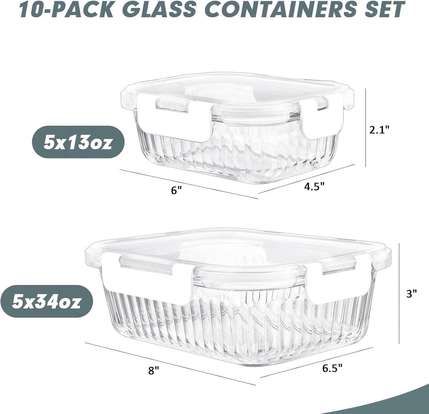 KOMUEE 10 Packs Glass Food Storage Containers Set, Glass Meal Prep Containers with Lids, Airtight Lunch Containers, Microwave, Oven, Freezer and Dishwasher Safe, White