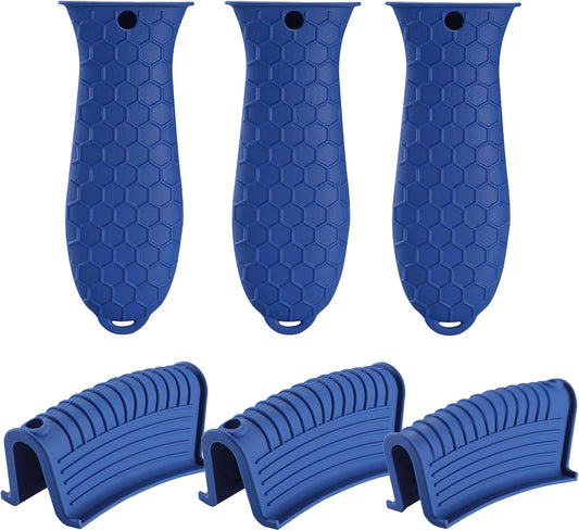 6 Pieces Silicone Hot Tool Holder Heat Resistant Potholder Cookware Handle Non Slip Rubber Pot Holders Handles Grip Covers for Cast Iron Skillet Silicone Cooking Kitchen Suits (Blue)