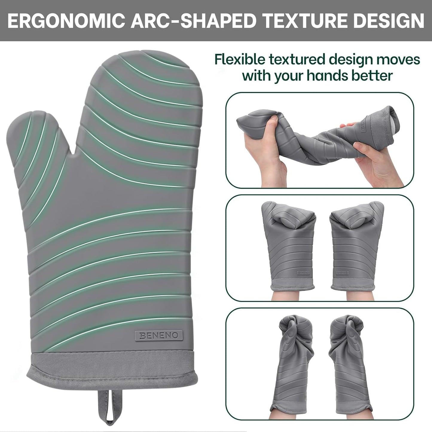 Beneno BPA-Free Silicone Oven Mitts, Heat Resistant Waterproof Oven Mitts with Non-Slip Textured Grip, Comfortable Quilted Lining, Kitchen Pot Holders for Cooking, Baking, Grilling, 7"x13", 2Pcs Gray