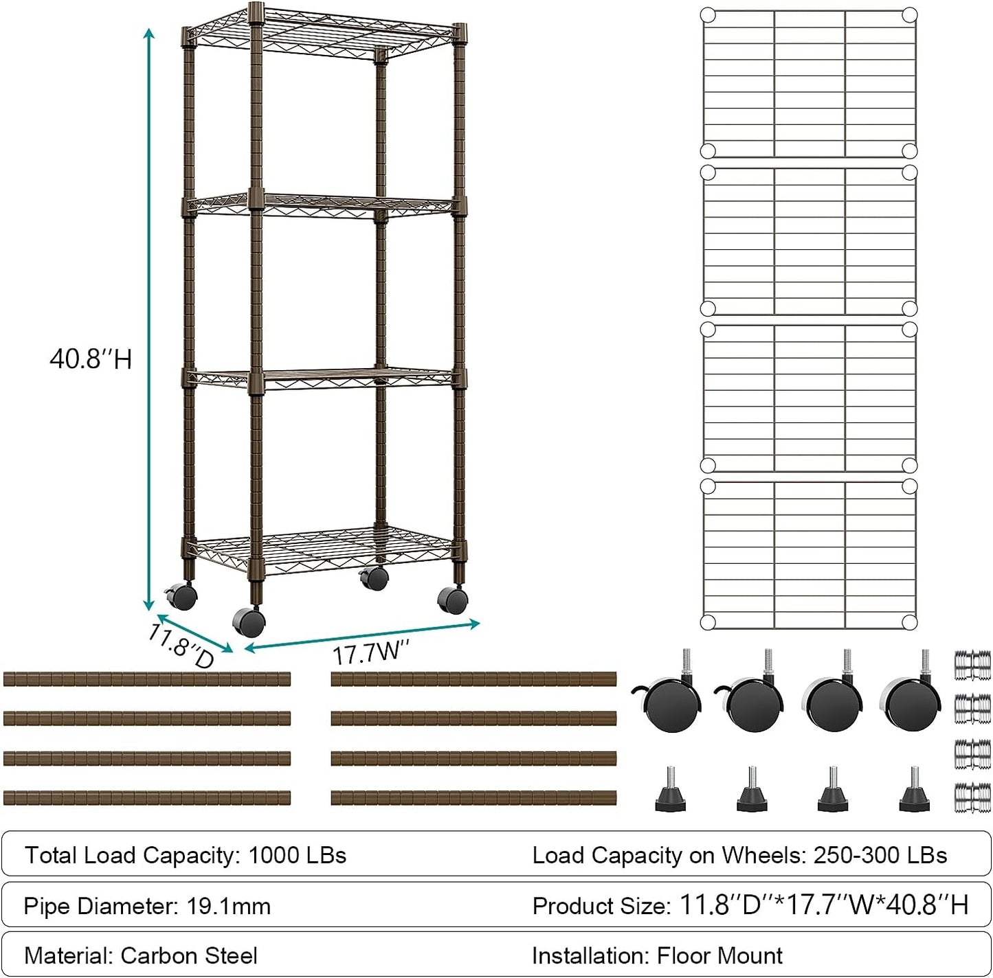 1000 lbs 4-Shelf Adjustable Heavy Duty Steel Wire Rack, Adjustable Storage Shelving Unit with Wheel for Kitchen, Garage, Laundry Brown 11.8" D x 17.7" W x 40.8" H