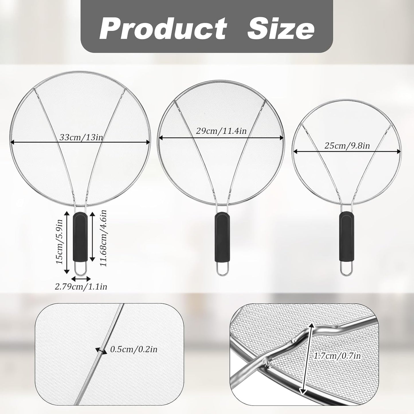 Splatter Screen for Cooking - Stainless Steel Grease Splatter Guard for Frying Pan, Ultra Fine Mesh Lids Set of 3(9.8", 11.4", 13")