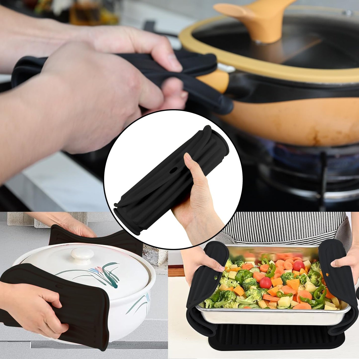 Trivets for Hot Dishes 4 - Pack Heat Resistant Pot Holders for Kitchen | Non - Slip Hot Pads for Hot Pots, Pans & Quartz Countertops | Black Kitchen Silicone Mats