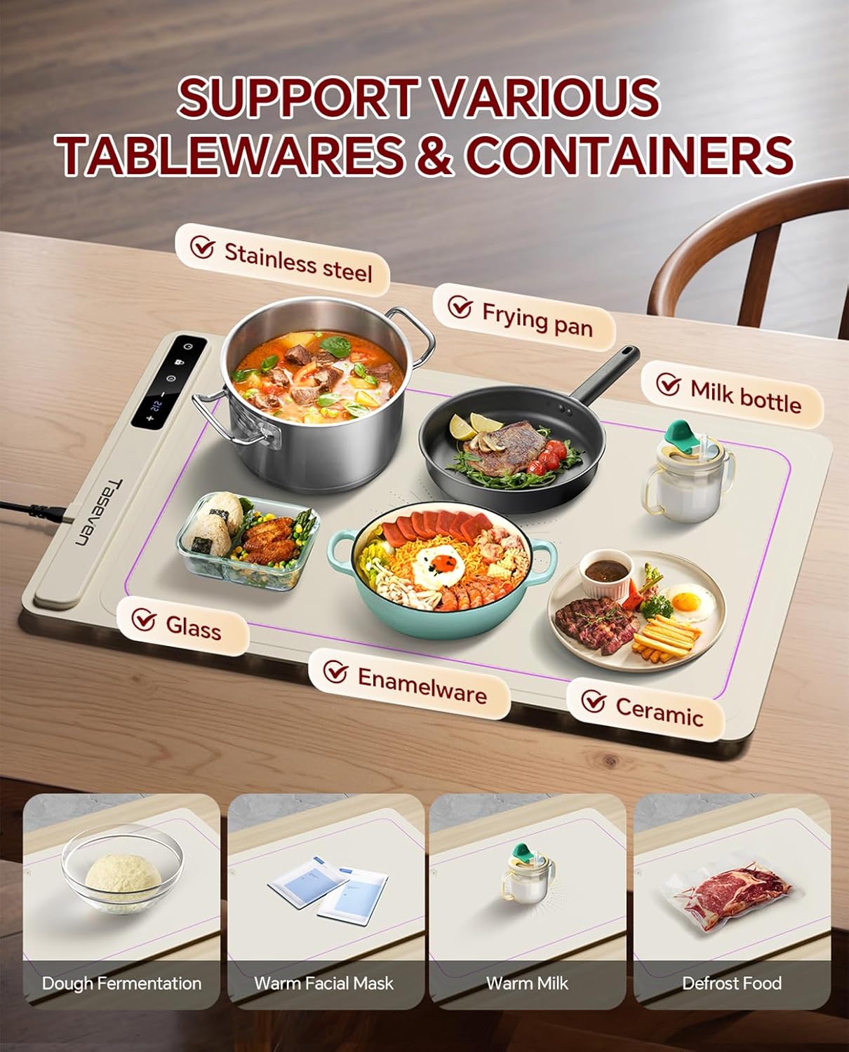 Food Warming Mat, Silicone Heating Tray with 7 Temperature Settings, Quick Full Surface Heating Pad, Thermochromic Line, Kids Lock, Food Warmers for Parties