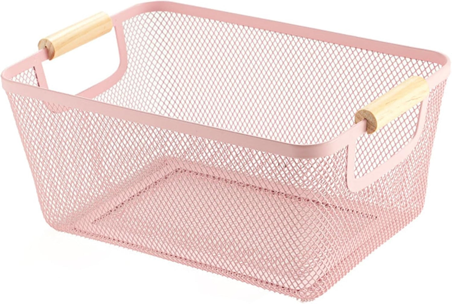 Metal Mesh Steel Basket, Medium Wire Storage Organizer Basket Multi-function Hanging Kitchen Basket with Wood Handle for Kitchen Bathroom Picnic Home, Rectangle-Pink