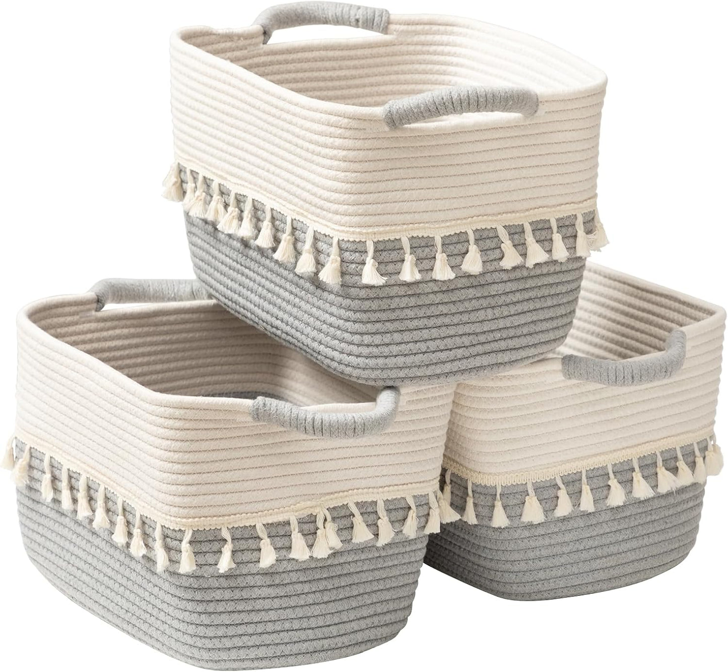 TeoKJ Storage Basket 3 Pack for Organizing, Cotton Rope Baskets for Toy, Clothes, Blankets, Decorative Basket for Living Room, Nursery, Bathroom, White & Gray
