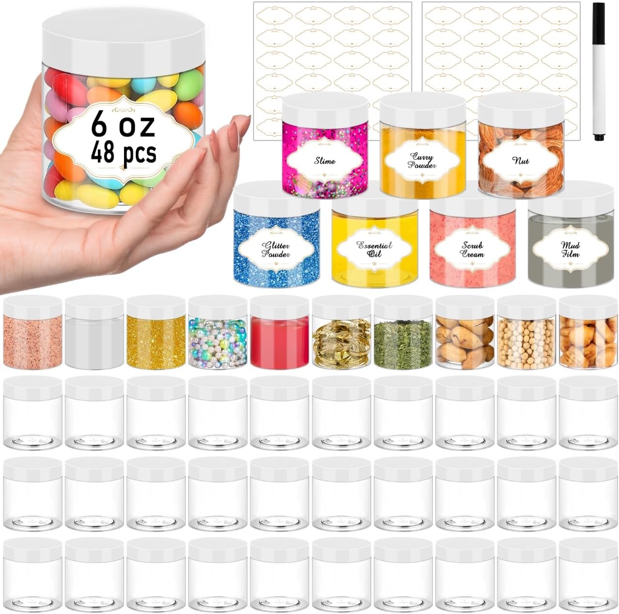 Plastic Jars 6 OZ, 48 Pcs Plastic Jars with Lids Round Wide Mouth Slime Containers with White Lids Empty Small Storage Jar for Travel, Home Kitchen Food, Arts Crafts
