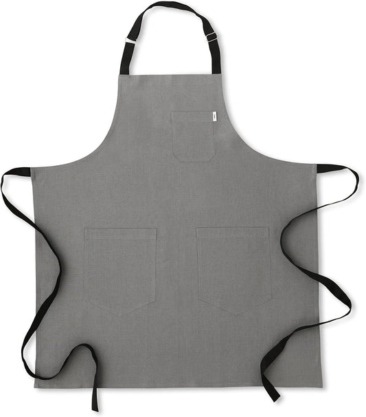 Solino Home Linen Bib Apron for Men & Women - Steel Grey/Black Kitchen Apron with Front Pockets - Handcrafted from European Flax