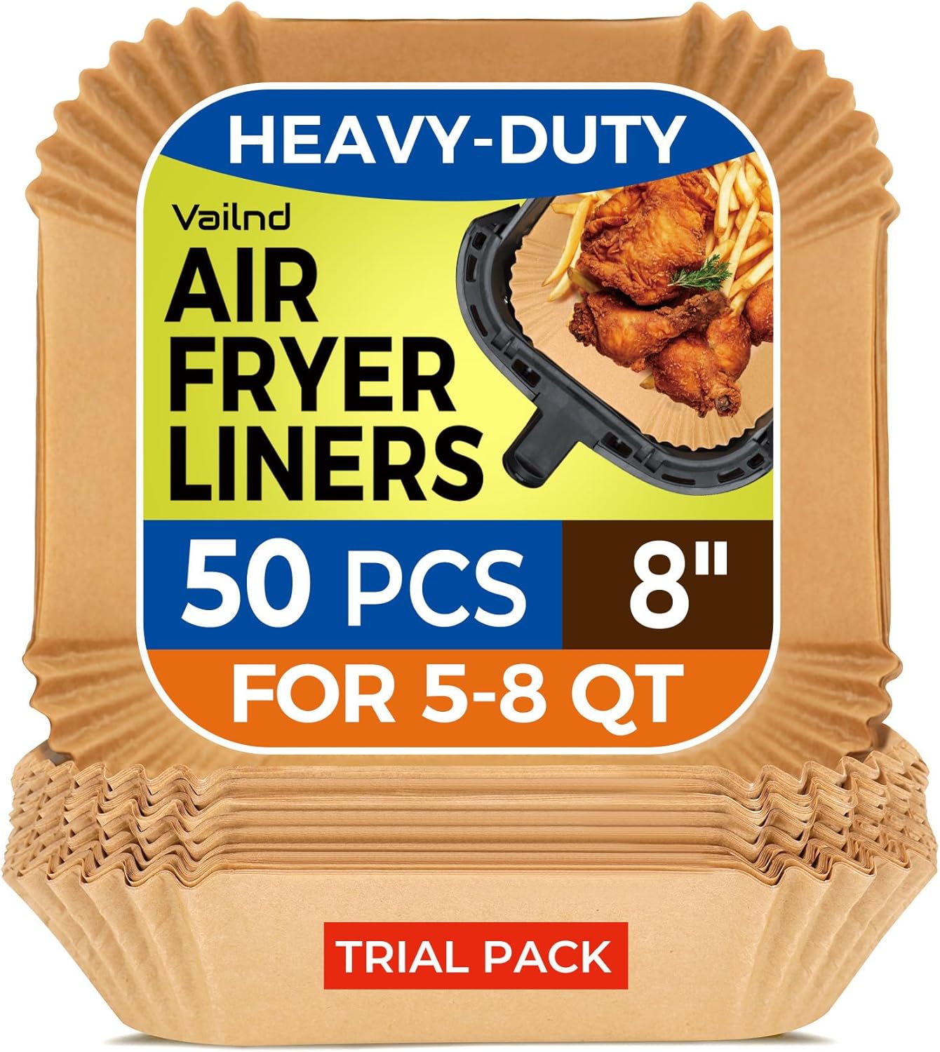 Air Fryer Paper Liners, 50 PCS Air Fryer Liners Disposable, 8" Square Baking Liner for 5-8 qt Airfryer Basket, Non-stick and Oil Proof Parchment Paper for Oven, Pans & Baking