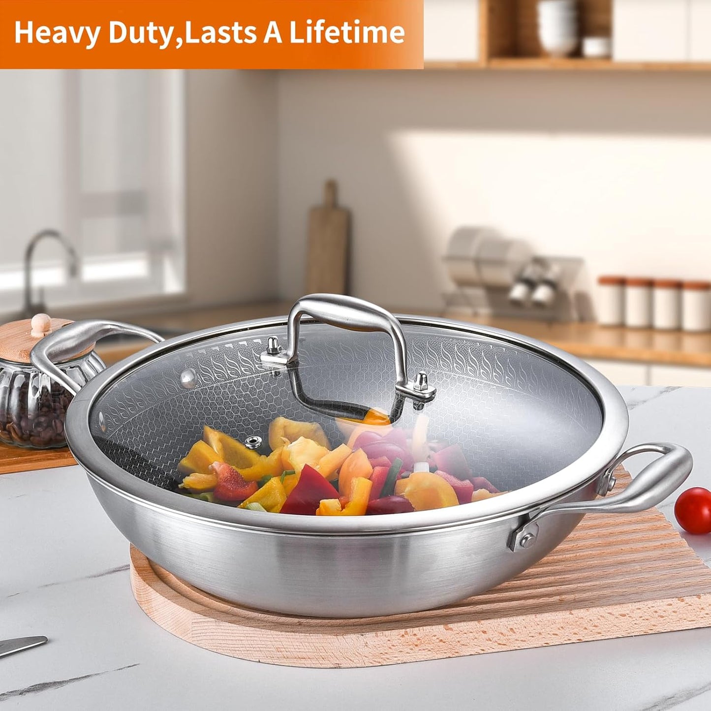 DELARLO Tri-Ply Stainless Steel Wok 13in Nonstick Deep Wok Pan with Lid,Stir-Fry Pans,5.5QT Cooking Pot induction Large woks,Compatible with All Cooktops Up to 550°F(Double Handle)