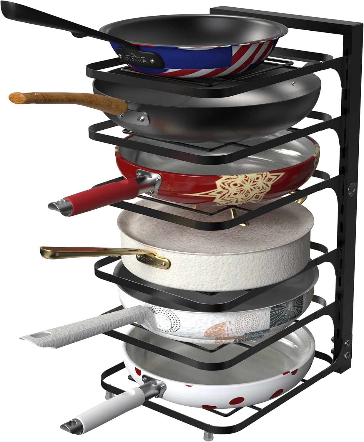 6-Tier Multifunctional Adjustable Pan & Pot Rack for Cabinet, Countertop Organizer, Pot Organizer for Kitchen Organization & Storage, Pot Lid Organizer (Black)