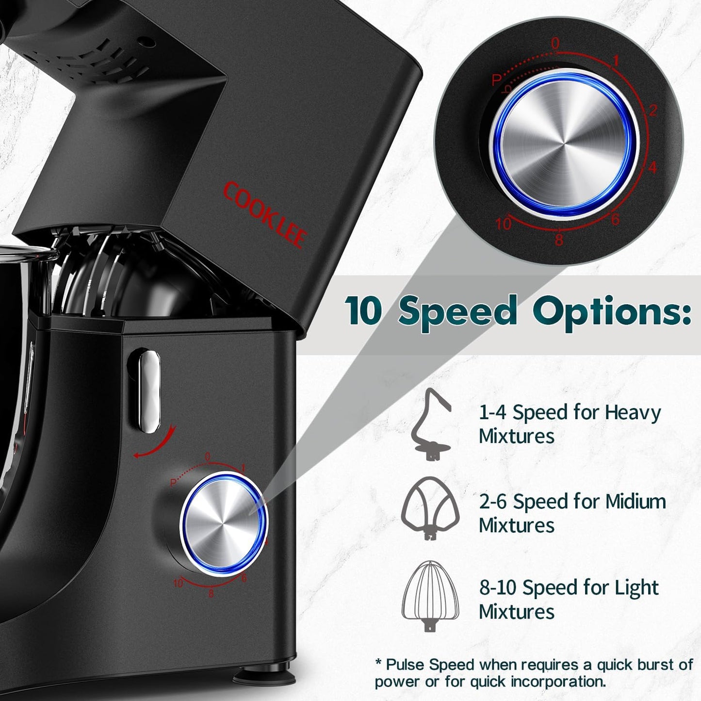 COOKLEE Stand Mixer, 9.5 Qt. 660W 10-Speed Electric Kitchen Mixer with Dishwasher-Safe Dough Hooks, Flat Beaters, Wire Whip & Pouring Shield Attachments for Most Home Cooks, Black