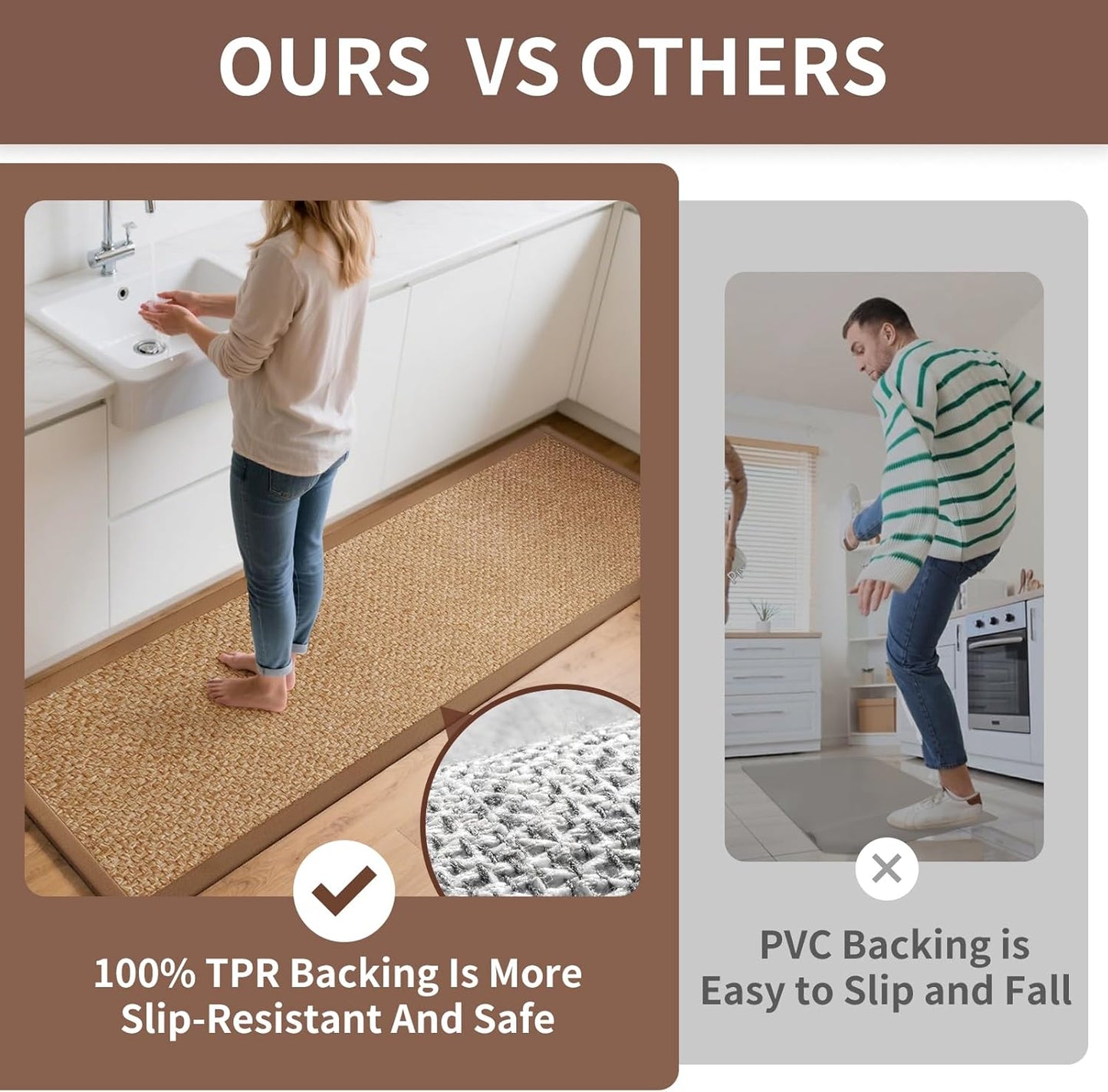 Kitchen Rugs Non Slip Washable, Super Absorbent Kitchen Mats for Floor, Rubber Backing Jute-Like Braid Kitchen Sink Mat Runner Rug Standing Floor Mat, Easy to Clean, Brown 17"x47"