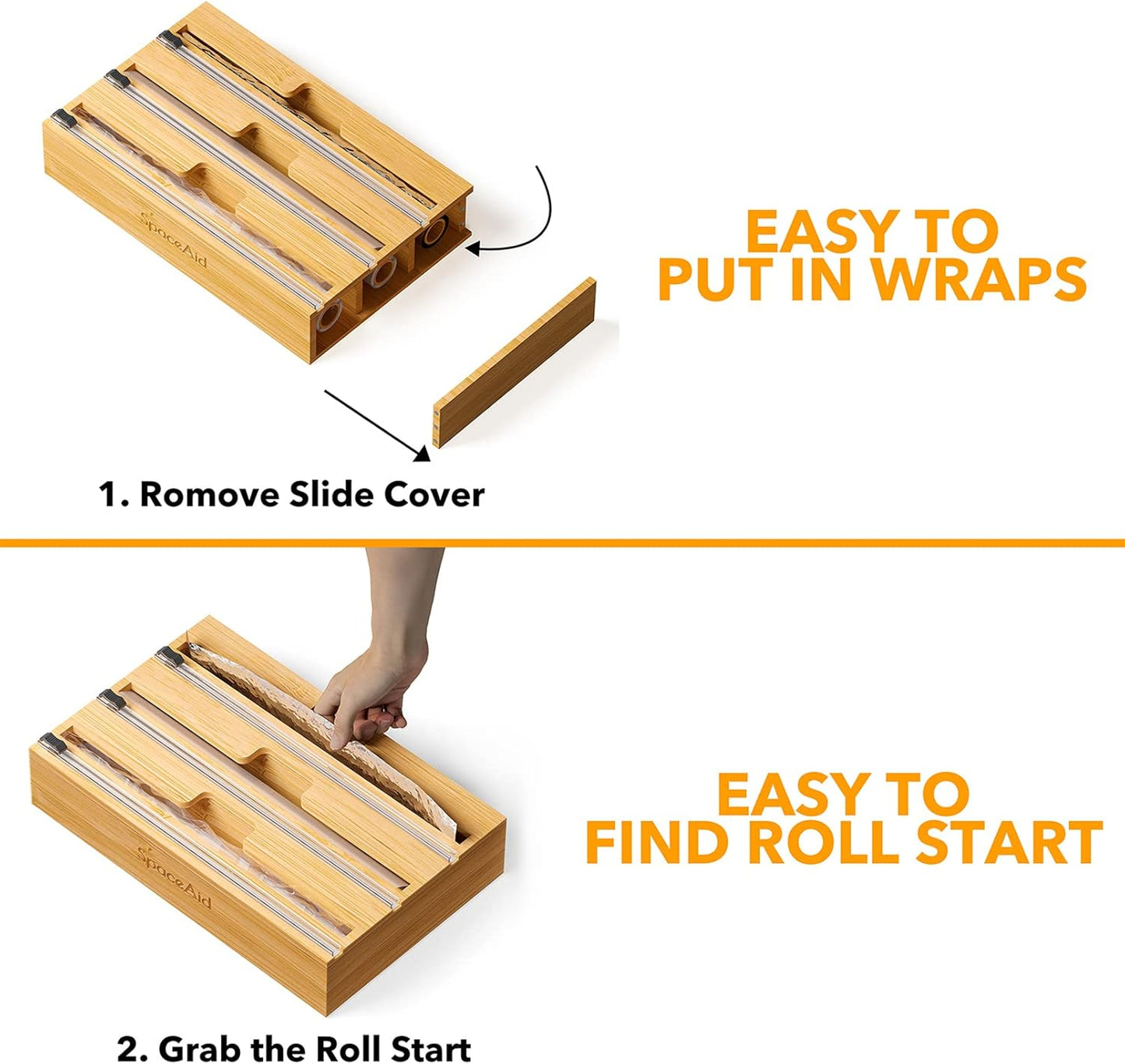 SpaceAid WrapNeat 3 in 1 Wrap Organizer with Cutter and Labels, Plastic Wrap, Aluminum Foil and Wax Bamboo Dispenser for Kitchen Storage Organization Holder for 12" Roll (Natural)