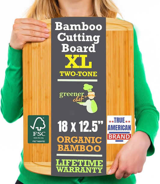 Organic Extra Large Bamboo Cutting Board –18 Inch Reversible Wooden Chopping Board with Juice Groove – Used to Chop, Slice & Serve – Intended for Home Cooks, Families & Entertainers for Meal Time Prep