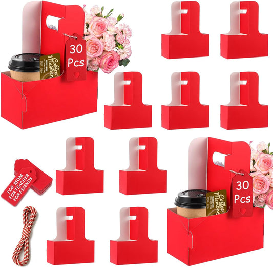 30 Pack 2 Cup Disposable Drink Carrier with Handle Paperboard Coffee Cup Holder Portable for Hot Cold Drinks Food Delivery Services with Heart Card for Teacher Appreciation Week Mother's Day