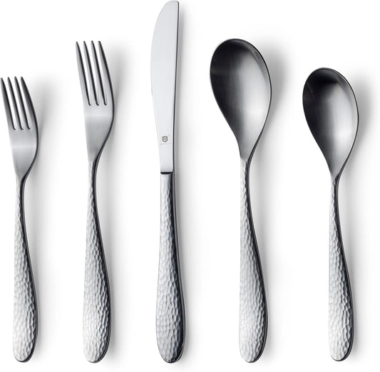 Matte Silverware Set, 18/10 Stainless Steel Satin Flatware, Modern Brushed Finish Cutlery, Dishwasher Safe & Durable, Built to Last (60-Piece, Marettimo Hammered)