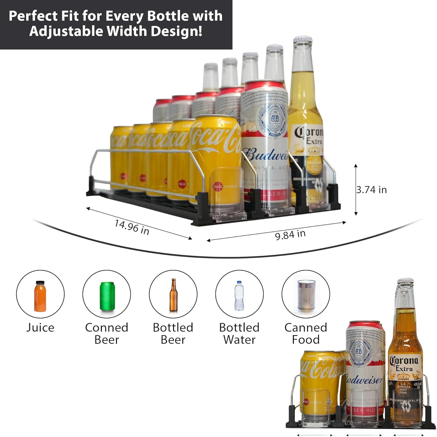 Upgraded Drink Organizer for Fridge – Adjustable Width Soda Can Organizer with Automatic Glide, Space-Saving Refrigerator Can Dispenser Holds Up to 25 Cans – Drink Holder for Fridge (3 Rows, Black)