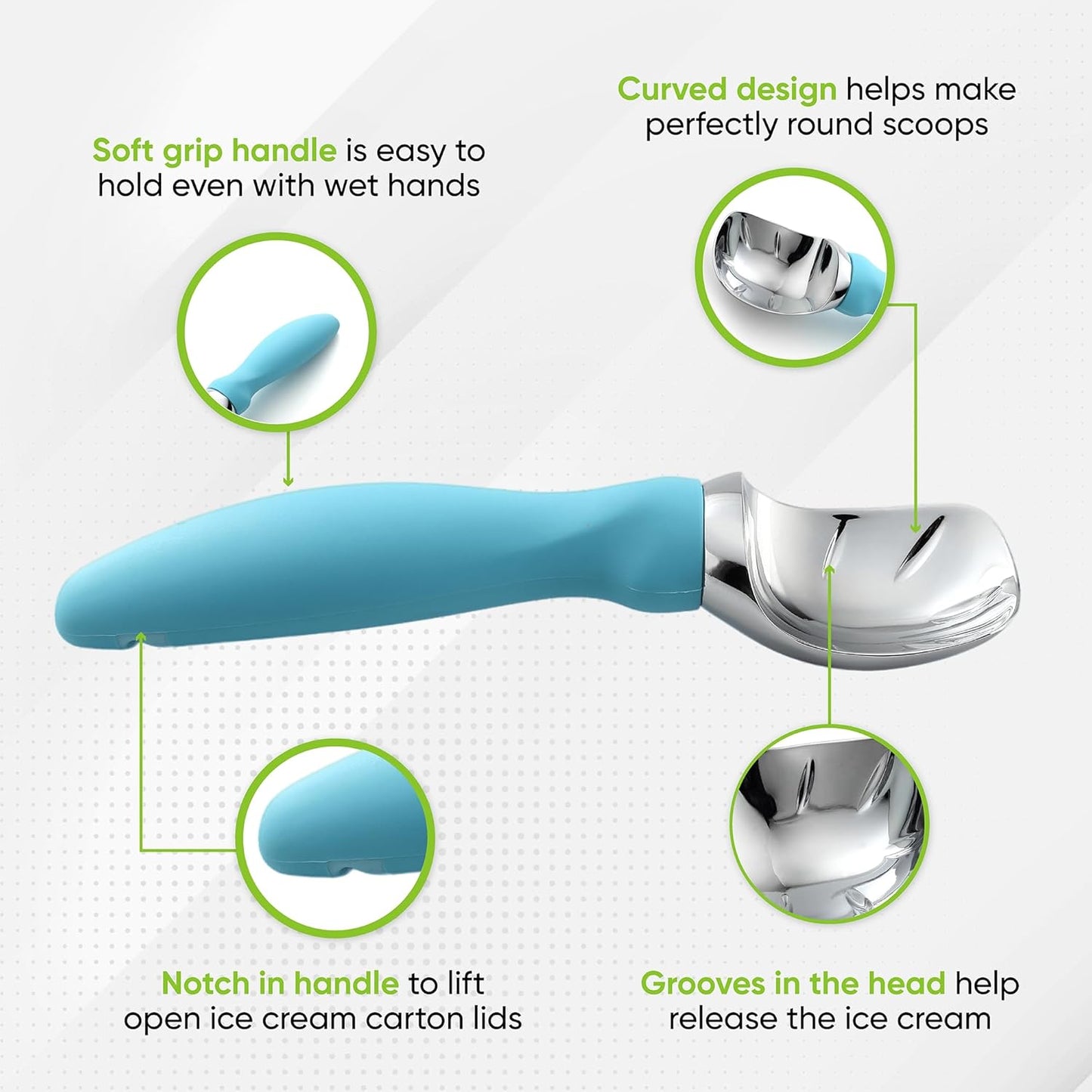 Spring Chef Ice Cream Scoop with Soft Grip Handle, Professional Heavy Duty Sturdy Scooper, Premium Kitchen Tool for Cookie Dough, Gelato, Sorbet, Aqua Sky