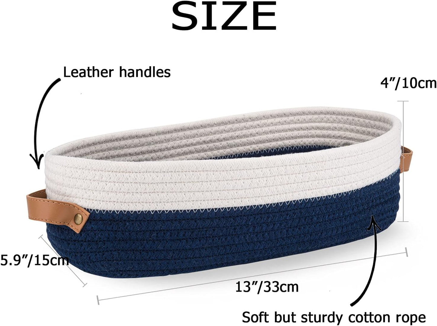 Set of 2 Toilet Basket,Woven Storage Basket for Toilet Tank Top Farmhouse Home Decor Organizing Baskets 13"x5.9"x4" Navy Stitching White