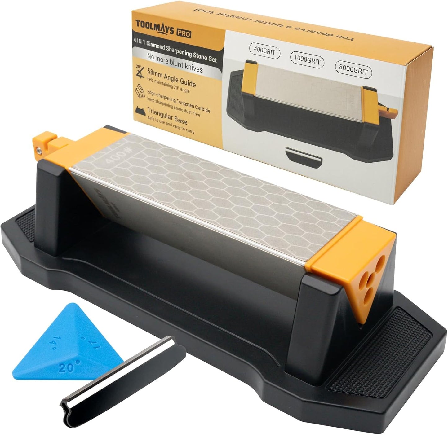 TOOMAYS Sharpening Stone 3 Side Grit 400/1000/8000, Premium Industrial Diamond & Ceramic, Knife Sharpener Stone with Triangle Locator, Angle Guide and Non-Slip Base (3 Side Grit 400/1000/8000)