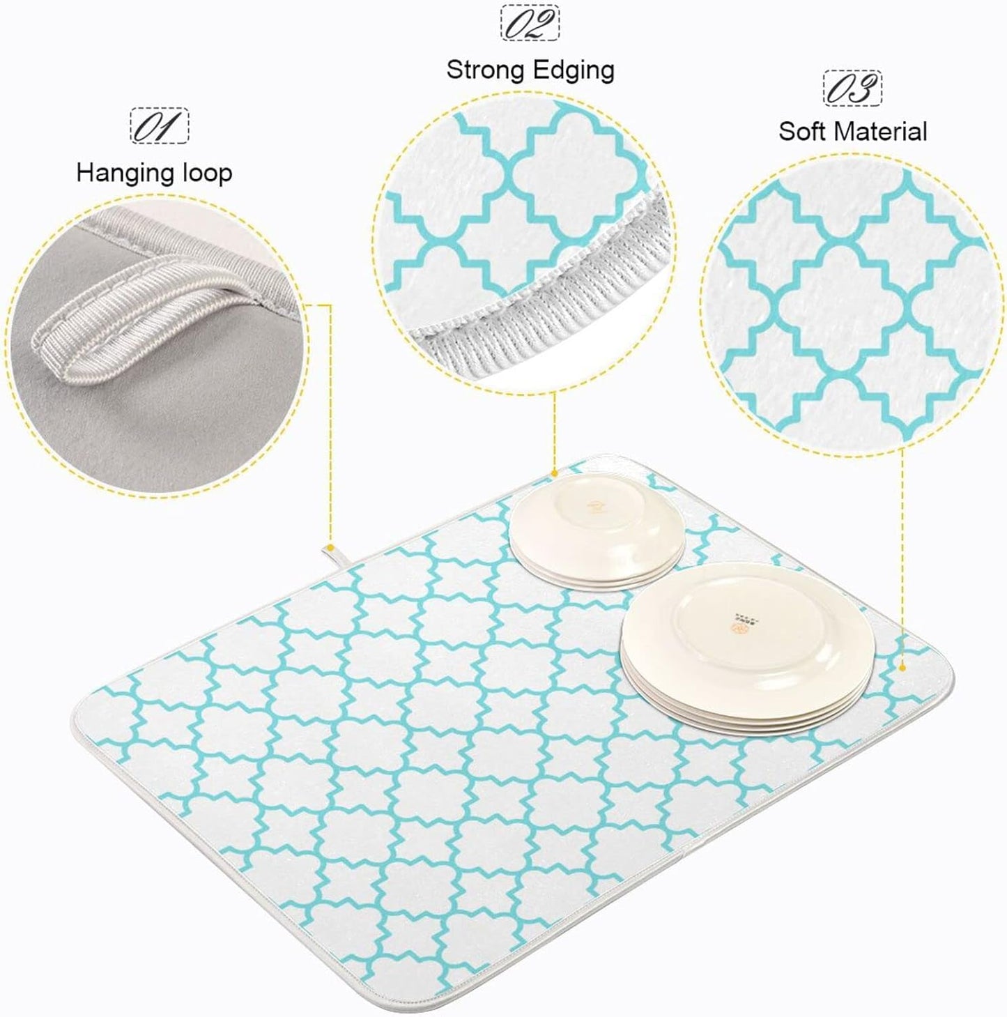 Senya Super Absorbent Dish Drying Mat, Microfiber Fast-Drying Dish Mat, 16/ x 18/, Kitchen Dish Drying Pad, Traditional Quatrefoil Lattice Pattern