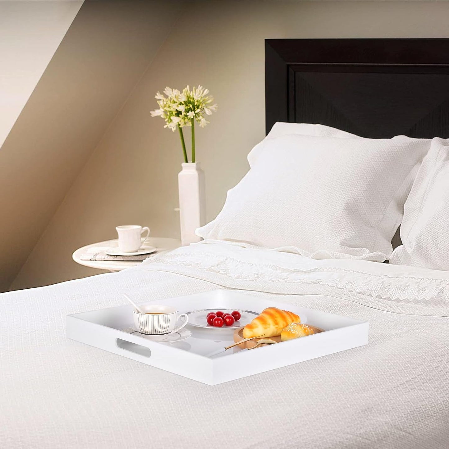 White Acrylic Ottoman Tray with Cutout Handles 24x24 Inch Over-Sized Serving Tray Rubber Boot Organizer Decorative Tray for Living Room, Bedroom,Bathroom Entryway and Kitchen Tabletop