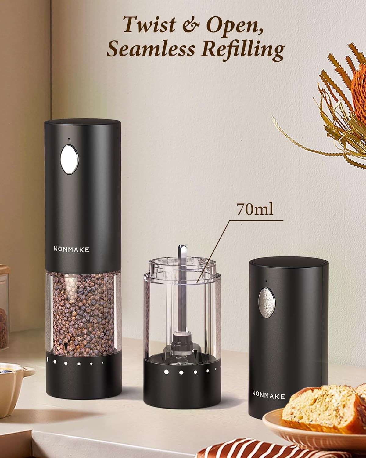 Electric Salt and Pepper Grinder Set - Automatic Refillable Salt and Pepper Grinders with Charging Base & LED Light, Adjustable Coarseness, One-handed Easy Operation, Ideal Kitchen Gadget