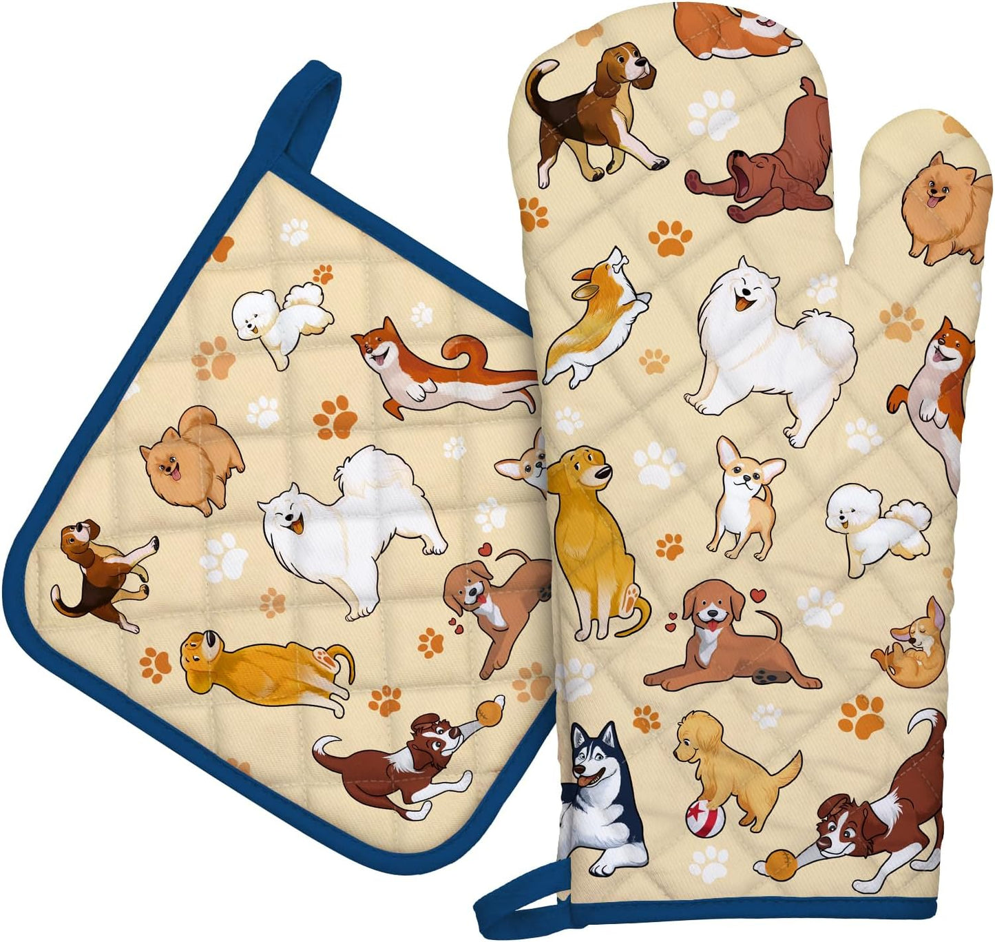 Dogs Oven Mitts and Pot Holders Sets 100% Cotton Heat Resistant, Extra Long Oven Gloves Potholder for Kitchen Cooking Baking Housewarming