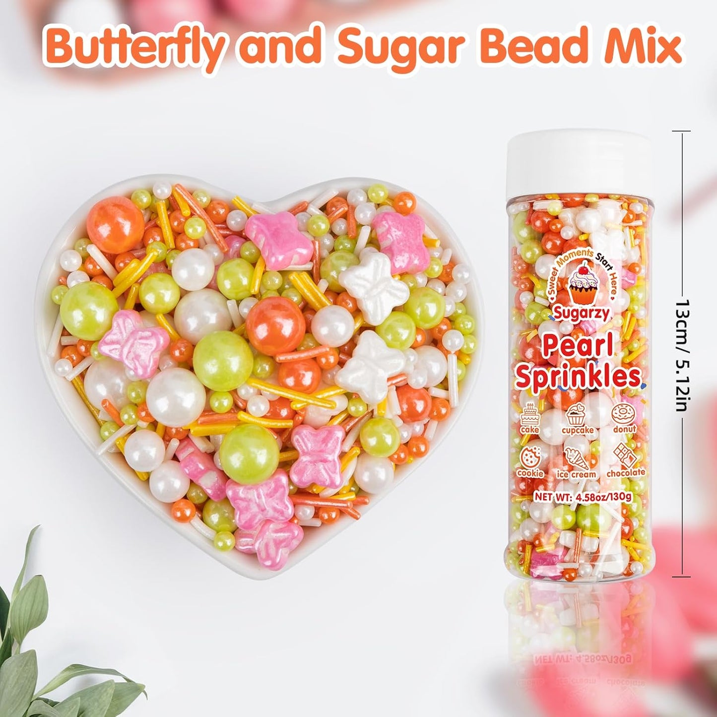 Butterfly Sprinkles,Edible Pearl Sugar Decorating,Colorful Candy Sprinkles Jimmies Mixed,130g/4.58oz,Orange White Pink Edible Cake Decorations,Perfect for Baking,Dessert,Ice Cream,Cookies,Cupcake Toppers,Wedding Party Birthday Supplies