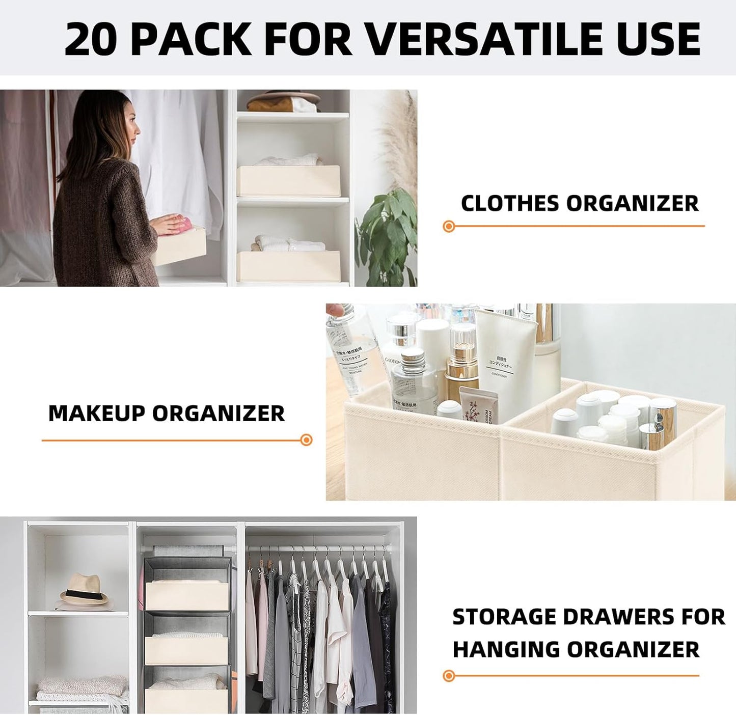 Criusia Drawer Organizer Clothes, 20 Pack Dresser Organizer Bins for Nursery Bedroom, Closet Organization and Storage Dividers for Clothing, Baby Clothes, Underwears, Socks (Beige)