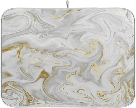 White Grey Gold Marble Fluid Dish Drying Mat for Kitchen Counter Absorbent Microfiber Drying Pad, Medium 16x18 in, Reversible Drainer Mats