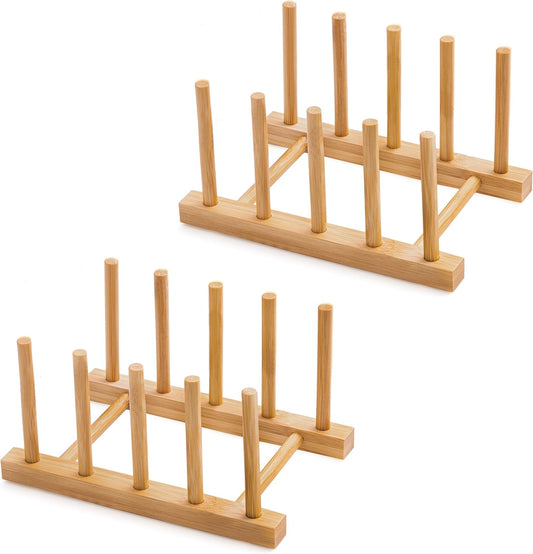 Bamboo Dish Drying Rack for Kitchen Counter and Cabinet, Dish/Book/Plate/Bowl/Cup/Cutting Board/Pot Lid Organizer for Kitchen, Living Room, Study, Display Cabinet (4 Slots)