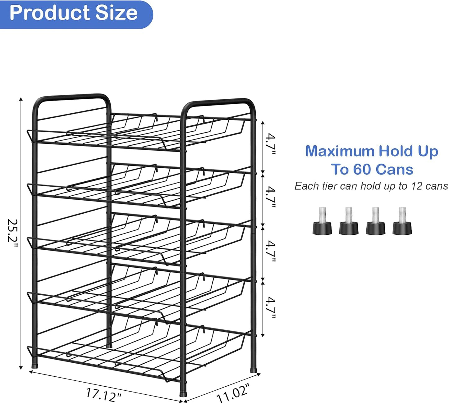 Vrisa 5 Tier Can Organizer for Pantry Can Holders 60 Cans Rack Canned Goods Organizer for Pantry Shelf Stackable Food Organizer Soda Vegetable Can Dispenser for Kitchen Cabinet, Black