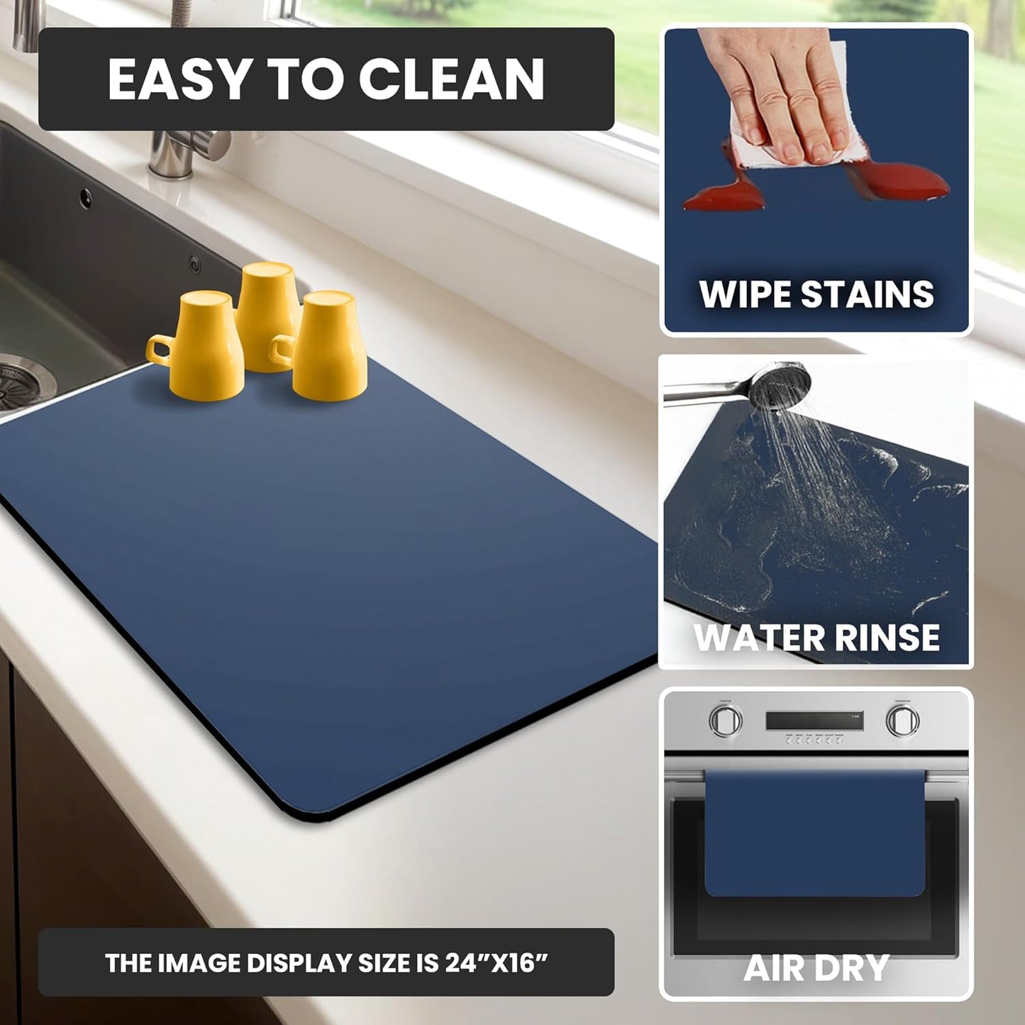 Dish Drying Mat Super Absorbent – 12" x 18" Coffee Mat for Countertops – Non-Slip Drying Mat for Kitchen Counter – Easy to Clean Water Absorbent Mat – Quick Dry Dish Drying Mats (Navy Blue)