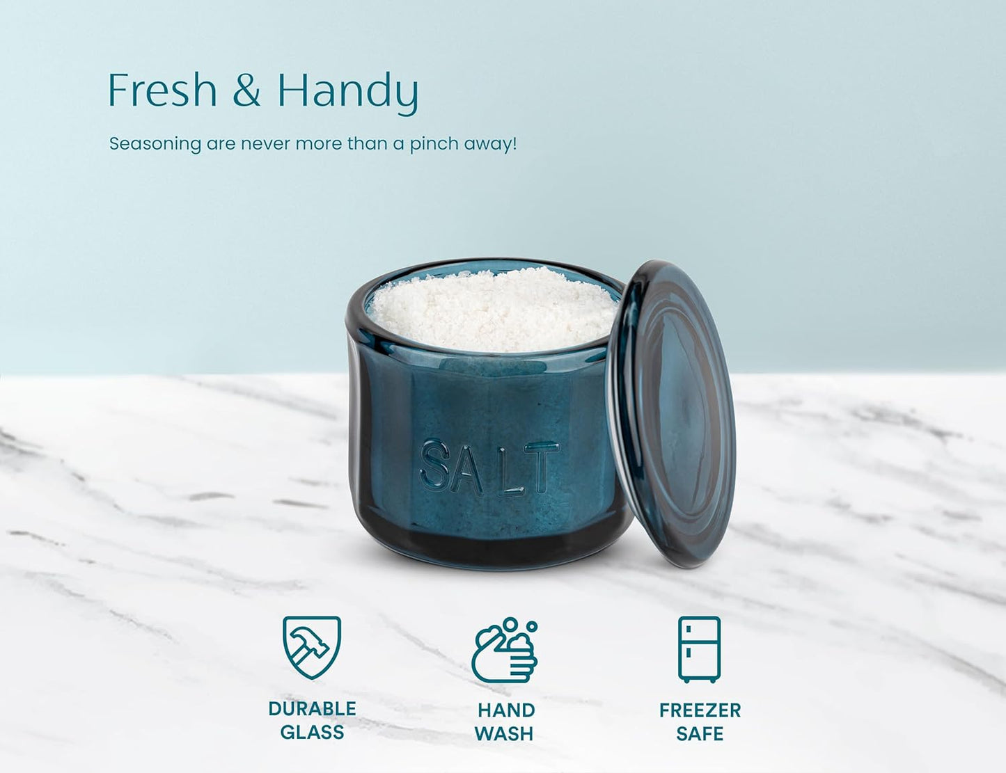 KooK Glass Salt Cellar, with Lid, Embossed Pressed Glass, Clear Storage Container, for Coffee, Sugar, Spices and Candies, Hand Wash Only, 10 oz, (Navy Blue)