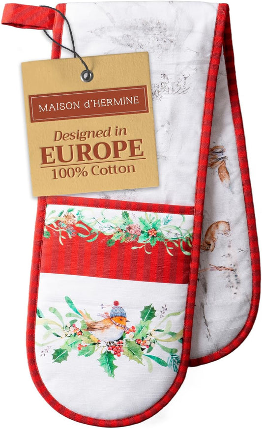 Maison d' Hermine Double Oven Mitts 100% Cotton 7"x35" Double Oven Mitt Heat Resistant BBQ Cooking Gloves with Loop, Baking, Grilling, Home, Kitchen, Handling Hot Pans (Christmas Tradition)