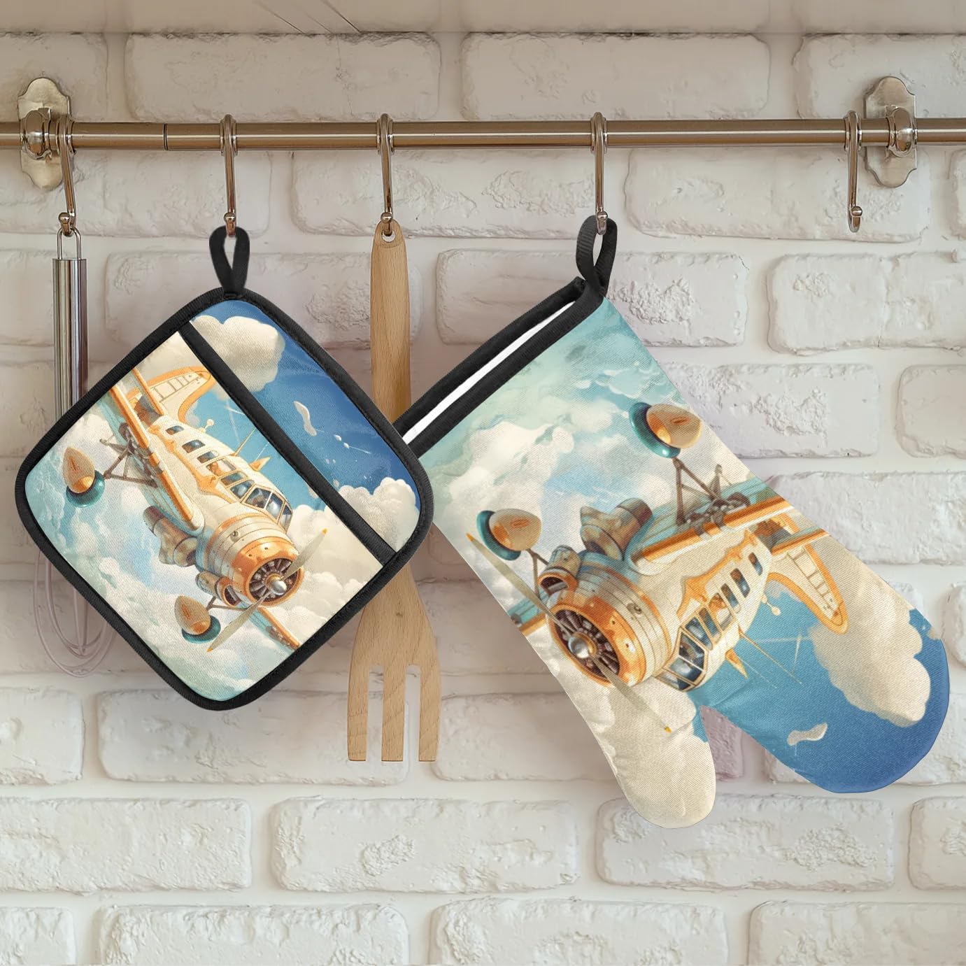 Airplanes Oven Mitts and Pot Holders Sets, 2 Pcs Decorative Kitchen Oven Glove for Cooking